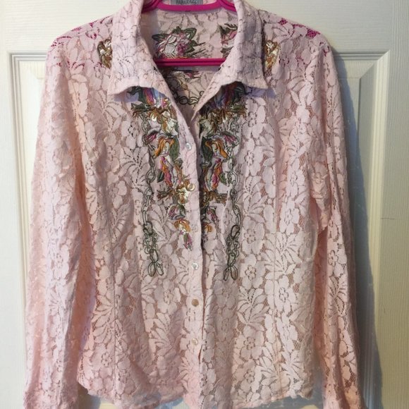 Embrodery Floral Light Pink Women's Lace Button Up Shirt Paparazzi by Biz - Picture 3 of 14